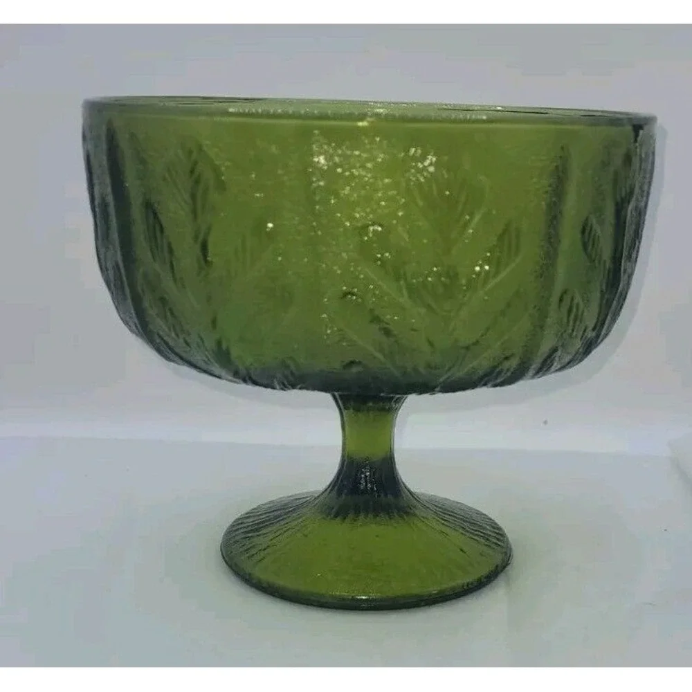 Vintage‎ FTD Avacado Green Glass Footed Dish Oak Leaf Pattern